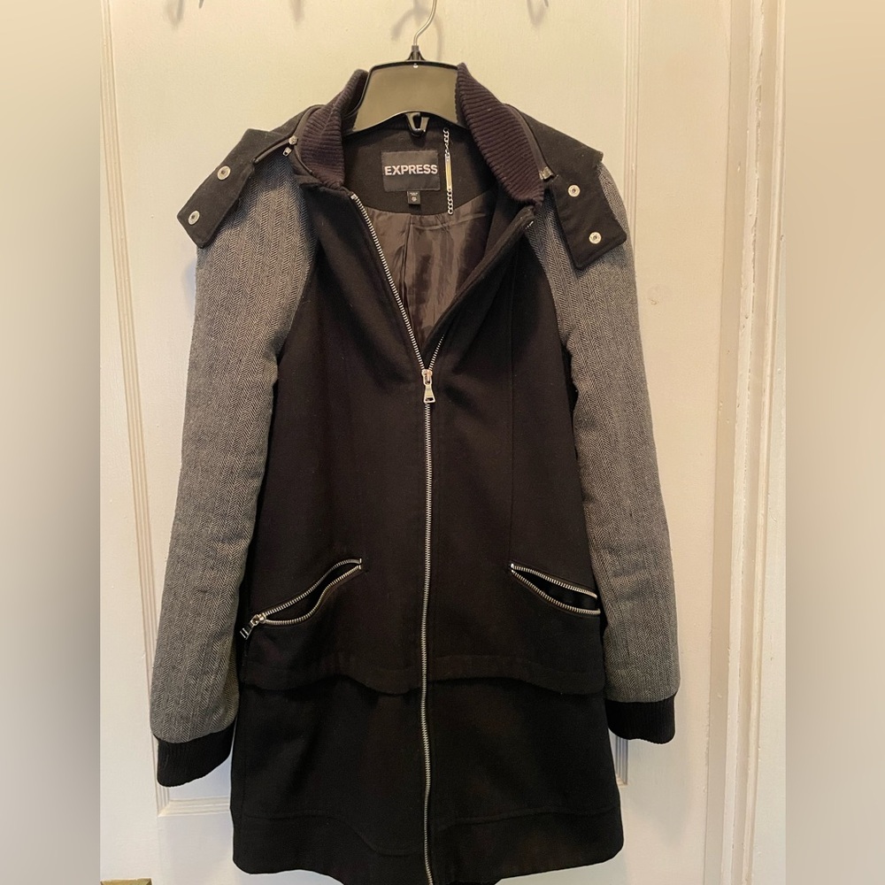 Express Black & Herringbone Varsity Hooded Lined Jacket Coat Zipper Womens XS - Picture 2 of 7